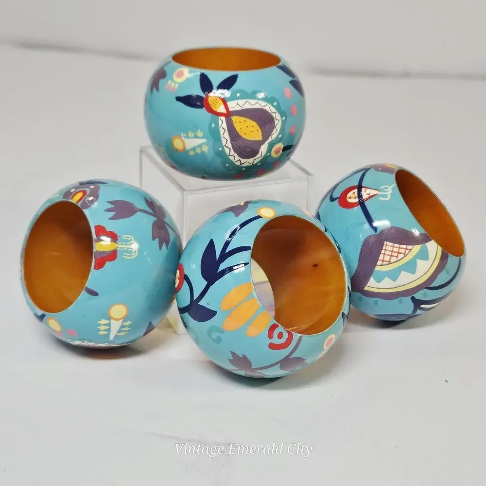 Vtg Set of 4 Wooden Hand Painted Bohemian blue/teal Floral Napkin Rings Spring